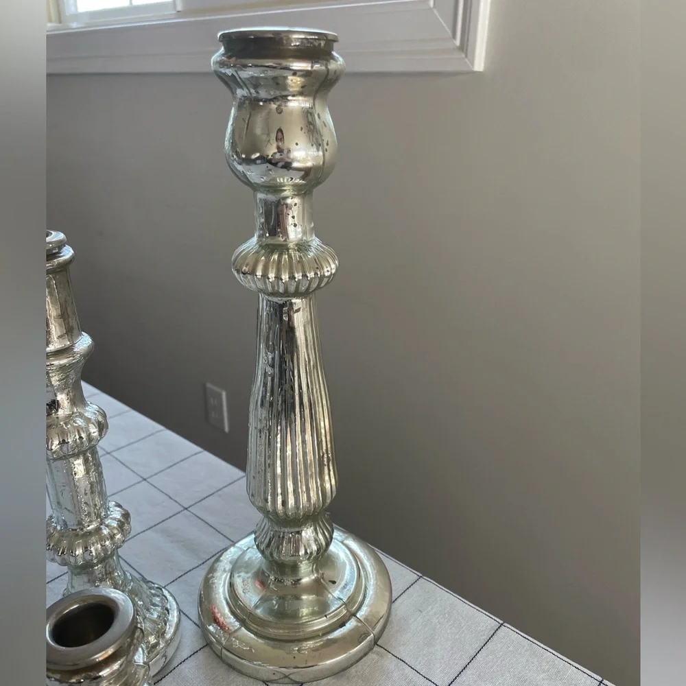 Pottery Barn Antique Silver Mercury Glass Taper Candlestick Holders Set of 3 - Picture 4 of 7